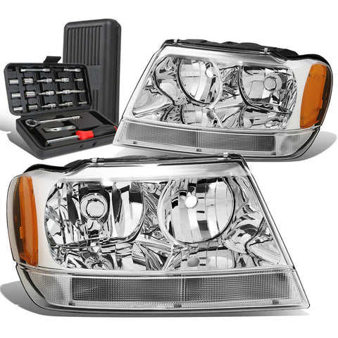 1999-2004 Grand Cherokee Pair Chrome/Amber Signal Headlight Lamps+Tool Box