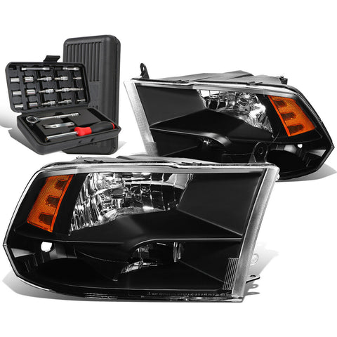 2009-2018 Dodge Ram Pickup Black/Amber Side Headlight Head Lamps+Tool Box