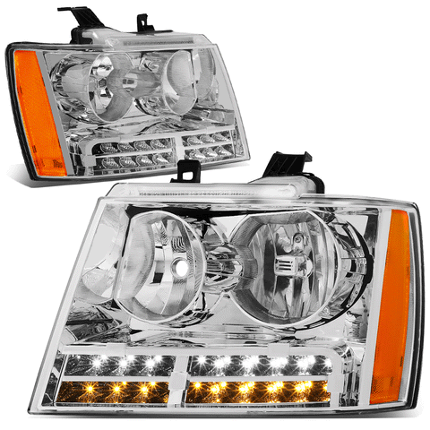 [LED DRL+Turn Signal] 07-14 Tahoe Suburban Pair Headlight Lamps Chrome/Amber