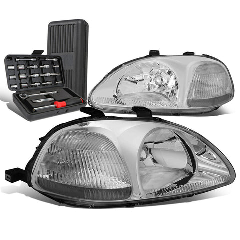 1996-1998 Honda Civic Pair Chrome/Clear Signal Headlight Head Lamp+Tool Box