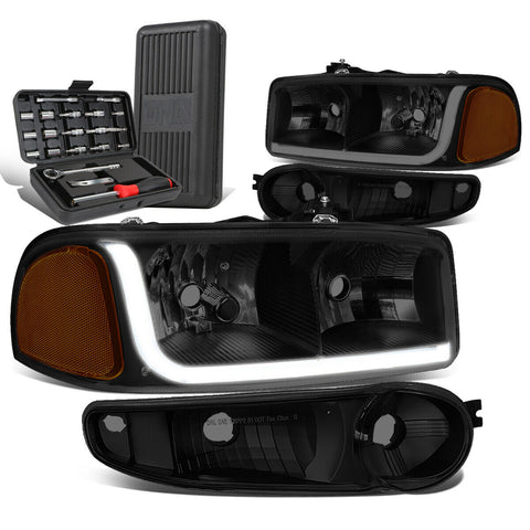 2001-2007 GMC Sierra LED Tube Tinted/Amber Headlights Bumper Lamp+Tool Box