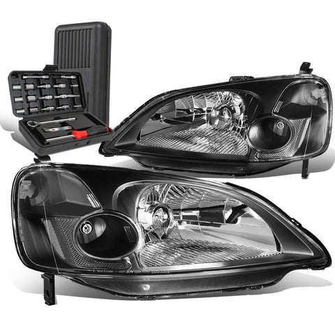 2001-2003 Honda Civic Pair Black/Clear Signal Headlight Head Lamp+Tool Box