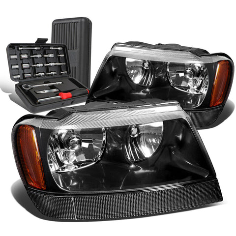 1999-2004 Grand Cherokee Pair Black/Amber Signal Headlight Lamps+Tool Box