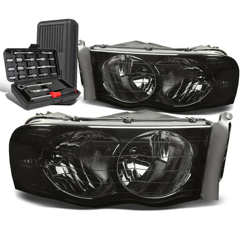 2002-2005 Dodge Ram Pickup Pair Smoked/Clear Signal Headlight Lamps+Tool Box