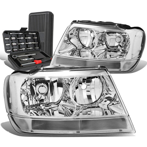 1999-2004 Grand Cherokee Pair Chrome/Clear Signal Headlight Lamps+Tool Box