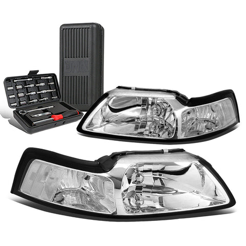 1999-2004 d Mustang Pair Chrome/Clear Corner Headlight Head Lamp+Tool Box