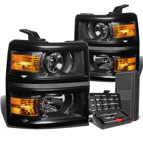 2014-2015 Silverado Black Housing Amber Corner Projector Headlights+Too
