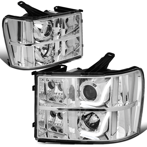 2007-2014 GMC Sierra Chrome Clear Signal 3D LED Bar Projector Headlights