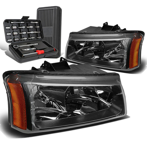 2003-2006 Chevy Silverado Black/Amber Signal Upper Headlight Lamps+Tool Box