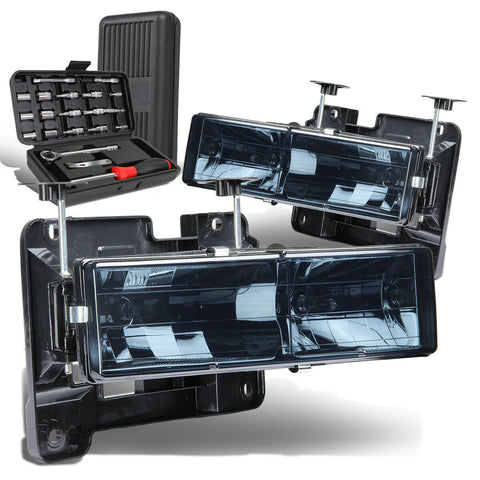 1988-1998 Chevy C/K Pickup Truck Pair Smoked Housing Headlight Lamp+Tool Box