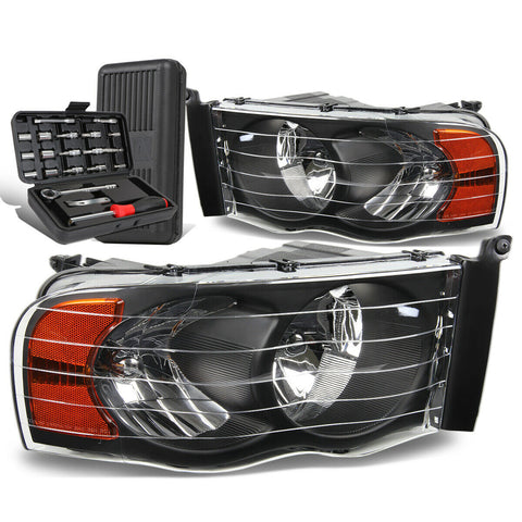 2002-2005 Dodge Ram Pickup Pair Black/Amber Signal Headlight Lamps+Tool Box
