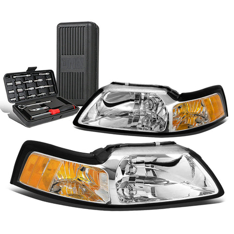 1999-2004 d Mustang Pair Chrome/Amber Corner Headlight Head Lamp+Tool Box