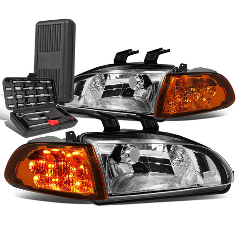 1992-1995 Honda Civic Chrome Housing LED Turn Signal Headlight Lamp+Tool Box
