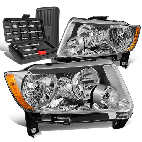 2011-2013 Grand Cherokee Pair Chrome/Amber Signal Headlight Lamps+Tool Box