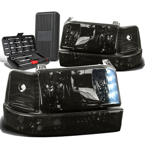 1992-1996 d F-Series LED DRL Smoked Clear Bumper Headlight Lamps+Tool Box