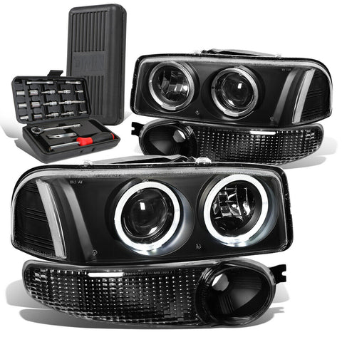 2002-2007 Sierra Halo Ring Projector Headlight Lamps+Bumper Lamp+Tool Box