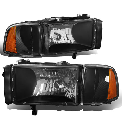 1994-2002 Dodge Ram Pickup Truck Black Housing Headlights+Amb