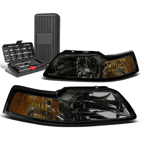 1999-2004 d Mustang Pair Smoked/Amber Corner Headlight Head Lamp+Tool Box