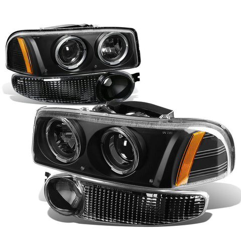 [LED Halo Rings] 2002-2007 GMC Sierra Denali Black Amber Projector Headlight