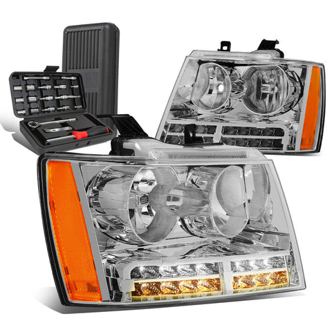 2007-2014 Tahoe Suburban LED DRL Tube Chrome Amber Side Headlights+Too