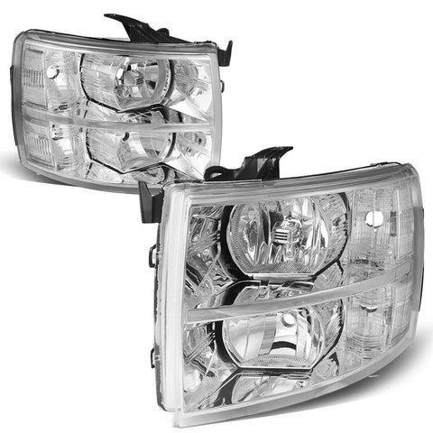 2007-2014 Chevy Silverado Pair Chrome Housing Clear Side Headlight/Lamp Set