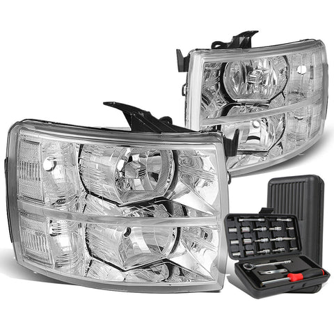 2007-2014 Chevy Silverado Pair Chrome/Clear Signal Headlight Lamps+Tool Box