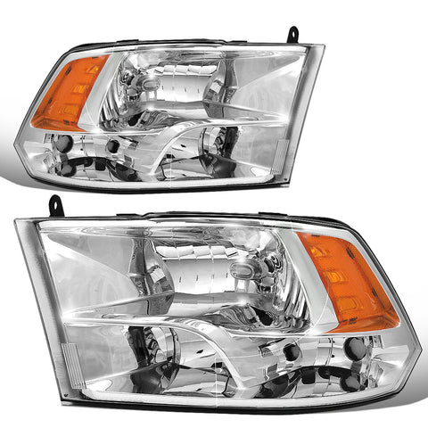 2009-2018 Dodge Ram Pickup Chrome Housing Amber Side Quad Headlight/Lamp Set