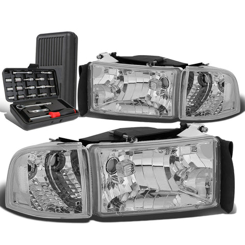 1994-2002 Dodge Ram Pickup Truck Chrome/Clear Side Headlight Lamps+Tool Box