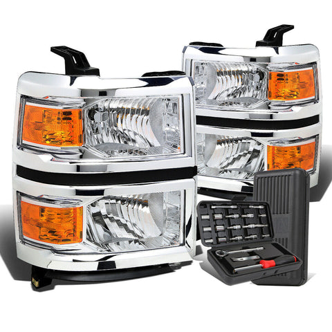 2014-2015 Chevy Silverado Pair Chrome/Amber Signal Headlight Lamps+Tool Box