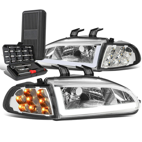 1992-1995 Honda Civic LED DRL Bar Turn Signal Headlight Lamp+Tool Box Chrome