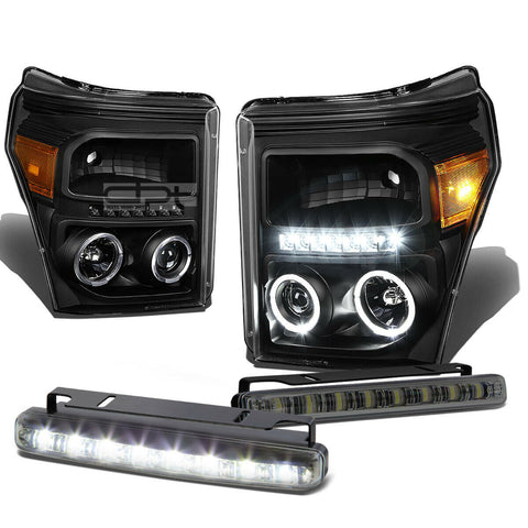 BLACK DUAL HALO PROJECTOR+LED DRL HEADLIGHT+FOG LIGHT SET  11-16 SUPERDUTY