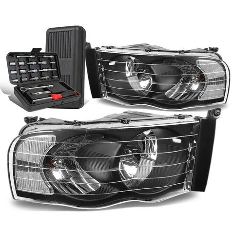 2002-2005 Dodge Ram Pickup Pair Black/Clear Signal Headlight Lamps+Tool Box