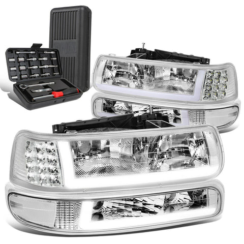 1999-2002 Silverado LED DRL Chrome Clear Side Headlight Bumper Lamp+Tool Box