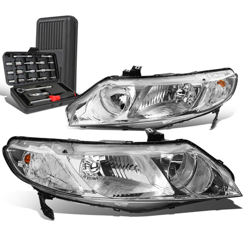 2006-2011 Honda Civic Sedan Pair Chrome/Clear Signal Headlight Lamp+Tool Box