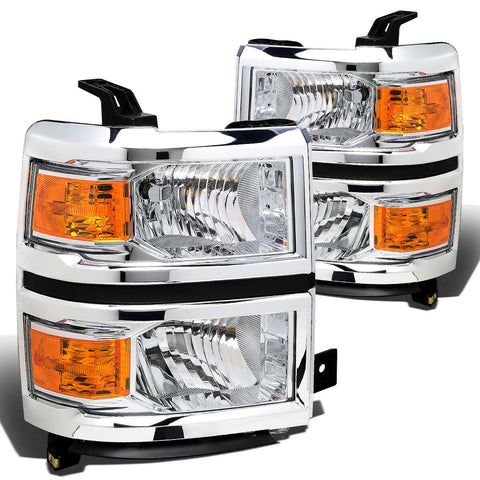2014-2015 Chevy Silverado Pair Chrome Housing Amber Side Headlight/Lamp Set