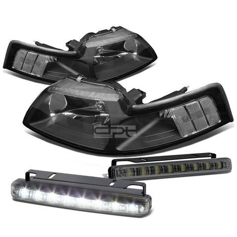 BLACK HOUSING HEAD+CLEAR CORNER+SMOKED LED FOG LIGHT KIT  99-04 D MUSTANG