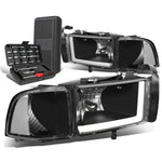 1994-2002 Dodge Ram LED DRL Bar Black/Clear Signal Headlight Lamps+Tool Box