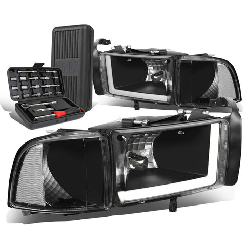 1994-2002 Dodge Ram LED DRL Bar Black/Clear Signal Headlight Lamps+Tool Box