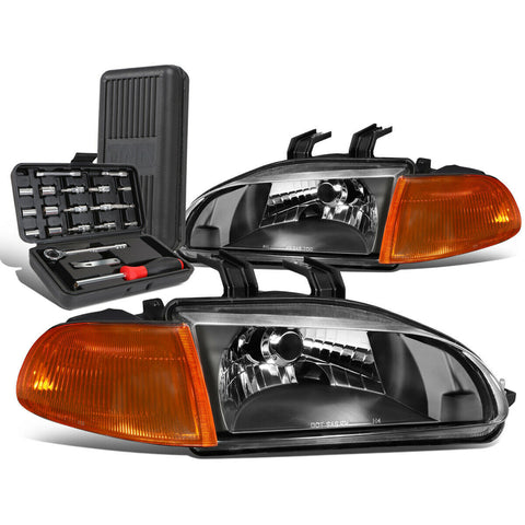 1992-1995 Honda Civic Black Housing Clear Signal Headlight Lamps+Tool Box