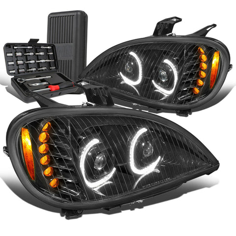 2004-2017 Freightliner Columbia LED Dual Projector Headlight+Tool Box Black