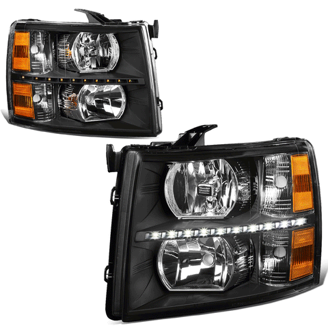 [LED DRL Strip] 07-14 Chevy Silverado Black Housing Amber Corner Headlight