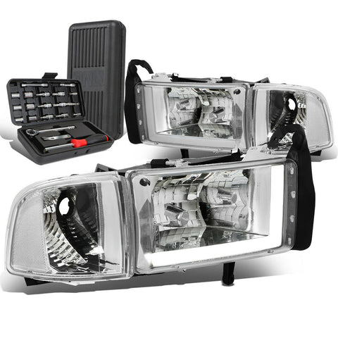 1994-2002 Dodge Ram LED DRL Bar Chrome/Clear Signal Headlight Lamps+Tool Box
