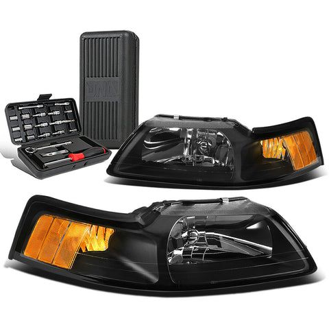 1999-2004 d Mustang Pair Black/Amber Corner Headlight Head Lamp+Tool Box