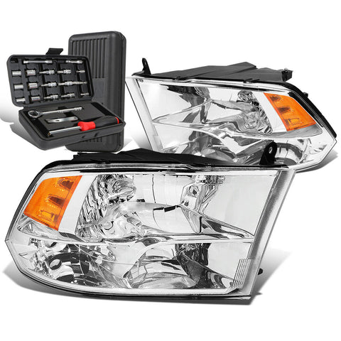 2009-2018 Dodge Ram Pickup Chrome/Amber Side Headlight Head Lamps+Tool Box