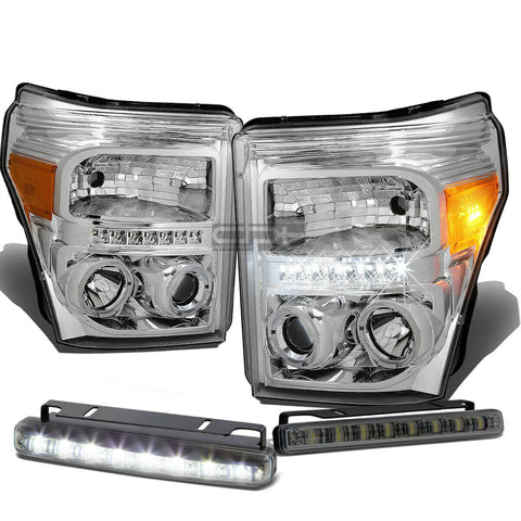 CHROME DUAL HALO PROJECTOR+LED DRL HEADLIGHT+FOG LIGHT SET  11-16 SUPERDUTY