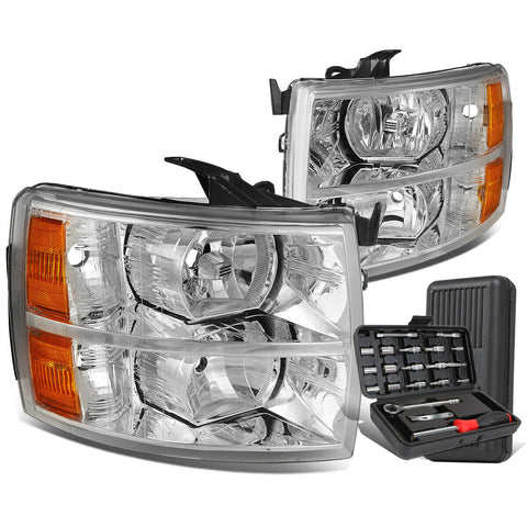 2007-2014 Chevy Silverado Pair Chrome/Amber Signal Headlight Lamps+Tool Box