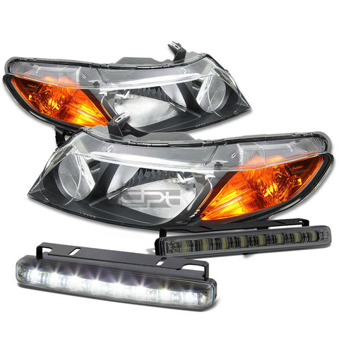BLACK HOUSING HEAD+AMBER CORNER+SMOKED LED FOG LIGHT KIT  06-11 CIVIC FD 4DR