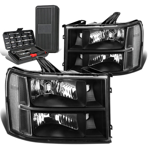2007-2013 GMC Sierra 1500 Pair Black/Clear Signal Headlight Lamps+Tool Box