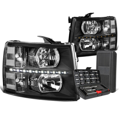 2007-2014 Chevy Silverado LED DRL Bar Black Clear Side Headlights+Too