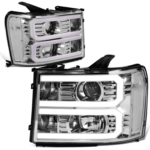 07-14 GMC Sierra Custom LED U-Light Bar DRL Projector Headlight Chrome/Clear